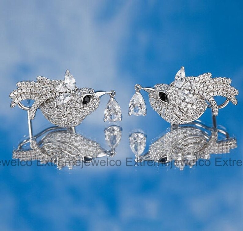 Pendientes de compromiso de gorrión, pendientes de oro blanco, pendientes de diamantes de 1,65 qt, pendientes colgantes, regalos de boda, regalo de aniversario para ella imagen 2