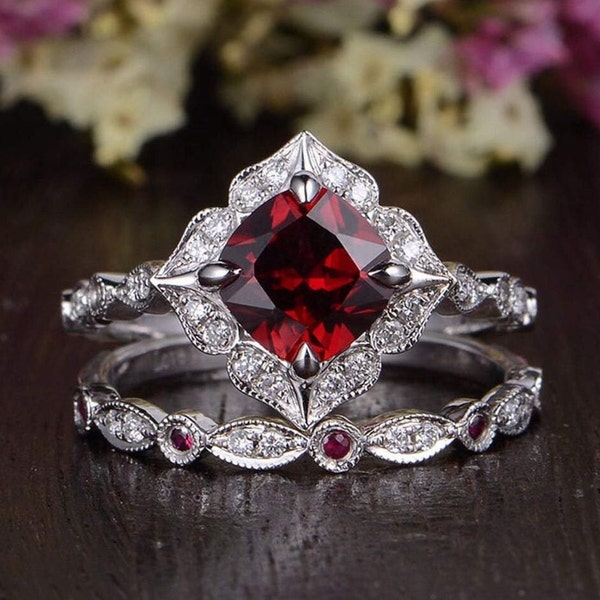 Red Ruby Wedding Ring Set, 2.4 Ct Red Ruby, 14K White Gold, Art Deco Diamond Ring, Antique Jewelry, Bridal Wedding Jewelry, Engagement Rings