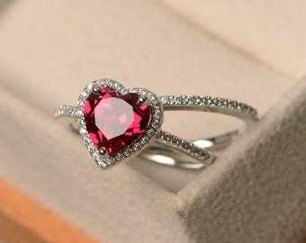 Conjunto de anillos nupciales de corazón, conjunto de anillos de boda con halo, conjunto de anillos de piedras preciosas para mujeres, rubí de 2,5 quilates, anillos de compromiso, regalos personalizados, anillo para mujeres