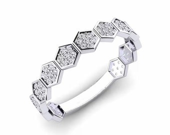 Honeycomb Stacking Ring, Half Eternity Diamond Band, Delicate Wedding Band, 10K White Gold, 1.4 Ct Diamond, Engagement Ring, Gift For Her