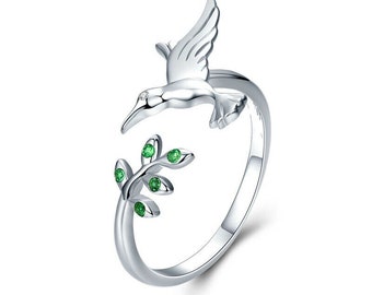 Schöner Kolibri Ring, 14K Weißgold, Runder Smaragdring 1,1 Karat, Verstellbarer botanischer Ring, Verlobungsring, Ehering