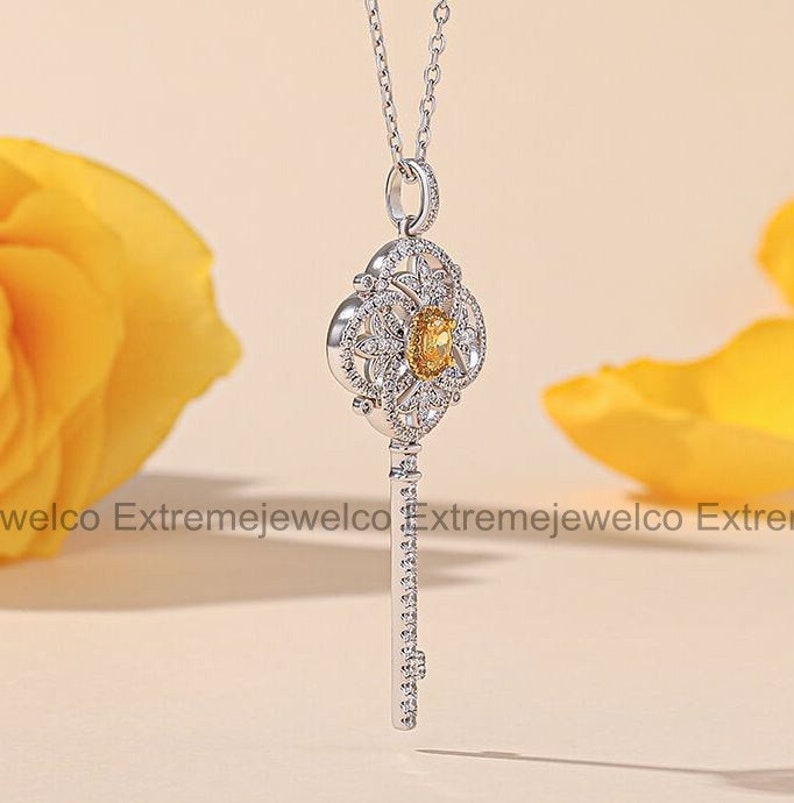 Key Necklace, Botanical Pendant, 14K White Gold, Pendant Without Chain, Wedding Diamond Necklace, Engagement Gifts, Custom Necklace image 3