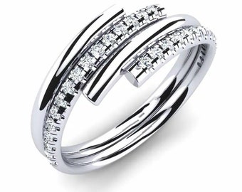 Women's Diamond Wedding Band, Unique Engagement Ring, 1.2 Ct Round Diamond, Bypass Stacking Band, 10K White Gold, Anniversary Gifts For Her