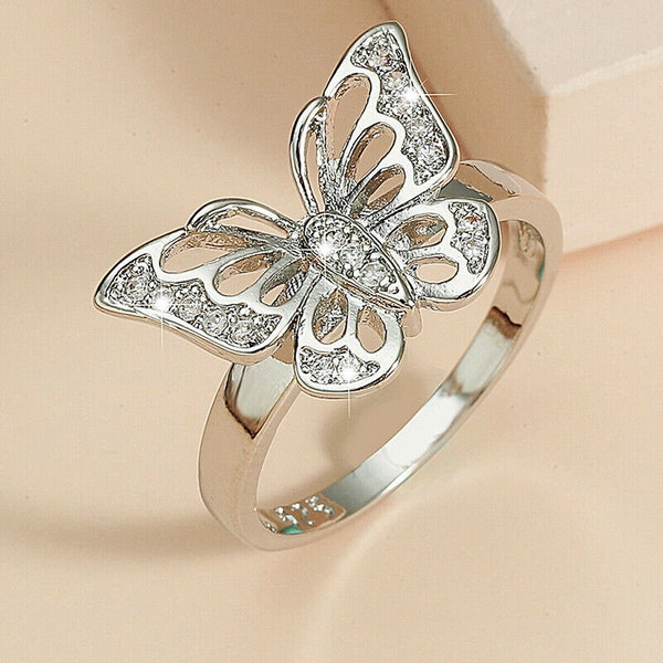 Exquisite Butterfly Ring, 1.1 Ct Round Cut Diamond Ring, 14K White Gold, Beautiful Butterfly Ring, Gift For Birthday, Gift For Girl Friend