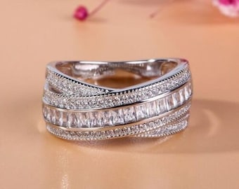 Women's Criss Cross Wedding Band, Half Eternity Diamond Band, 1.5 Ct Diamond, 14K White Gold, Engagement Ring, Custom Ring, Anniversary Gift