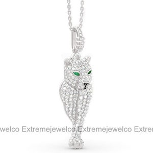 Leopard Necklace, Wedding Pendant, Pendant Without Chain, 14K White Gold Necklace, 1 Ct Emerald Diamond Necklace, anniversary Pendant zdjęcie 6