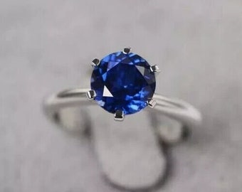 Sapphire Ring For Her, Engagement Rings For Women, Dainty Ring For Mom, 14K White Gold, Solitaire Ring, 1.75 Ct Round Cut Blue Sapphire