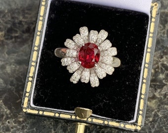 Botanical Flower Ring, Engagement Sunburst Ring, 14K White Gold Ring, 1.3 Ct Ruby Diamond Ring, Christmas Gift for Women, Wedding Gift