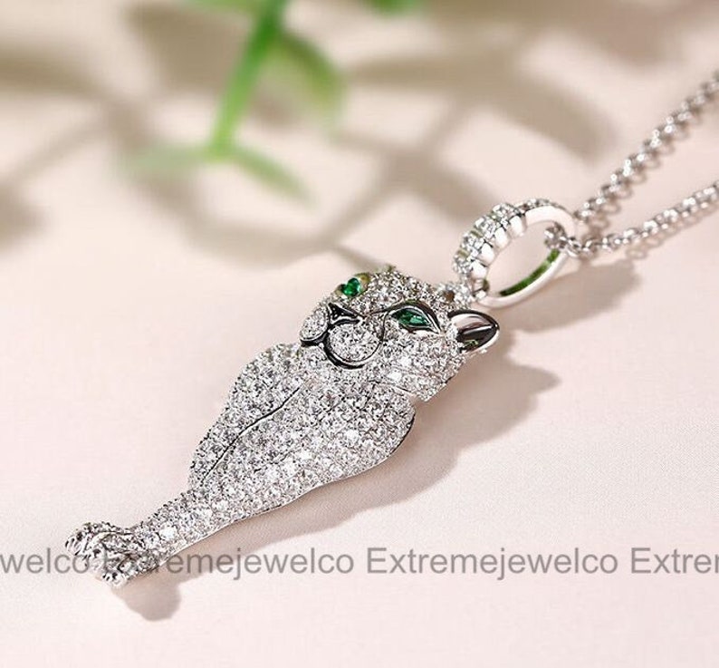 Leopard Necklace, Wedding Pendant, Pendant Without Chain, 14K White Gold Necklace, 1 Ct Emerald Diamond Necklace, anniversary Pendant image 3