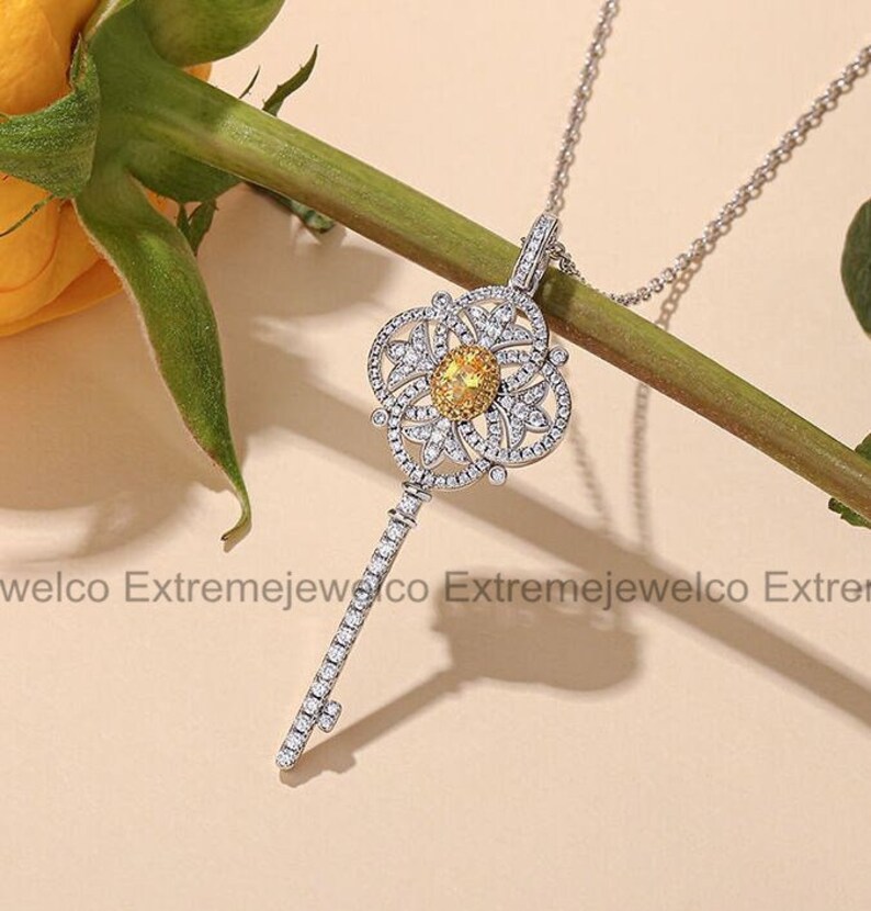 Key Necklace, Botanical Pendant, 14K White Gold, Pendant Without Chain, Wedding Diamond Necklace, Engagement Gifts, Custom Necklace image 2