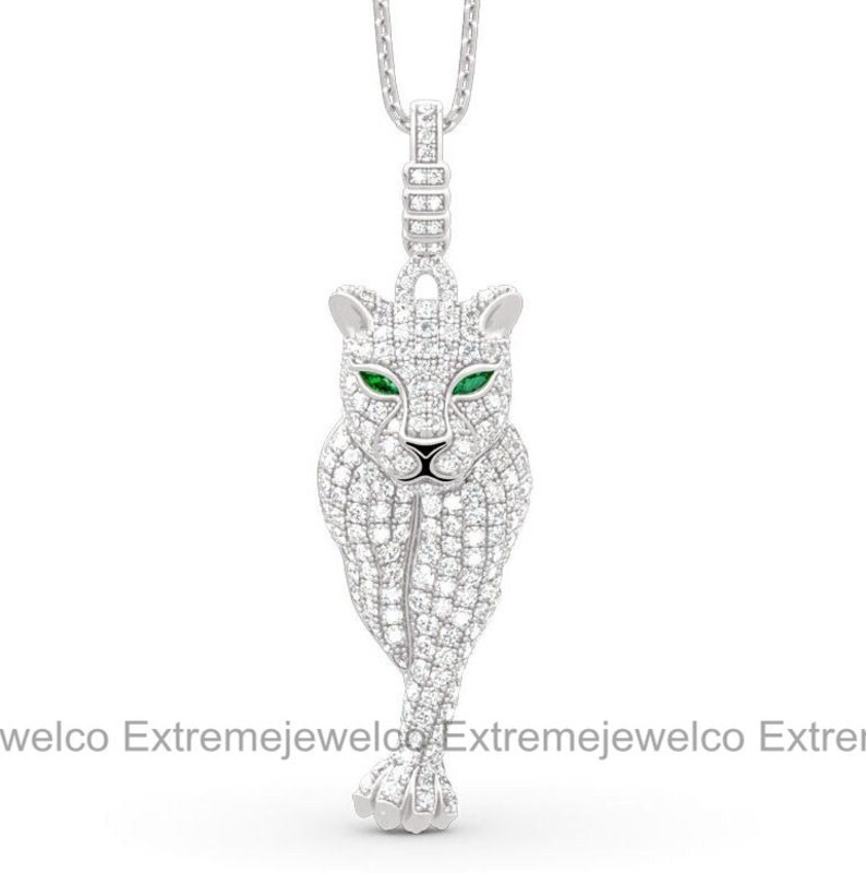 Leopard Necklace, Wedding Pendant, Pendant Without Chain, 14K White Gold Necklace, 1 Ct Emerald Diamond Necklace, anniversary Pendant image 5