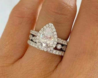 Conjunto de anillos de trío, conjunto de anillos de boda, conjunto de anillos de oro blanco de 14 qt, diamante nupcial, diamante de 2,0 qt, anillos de compromiso, regalos para ella, regalo de dama de honor