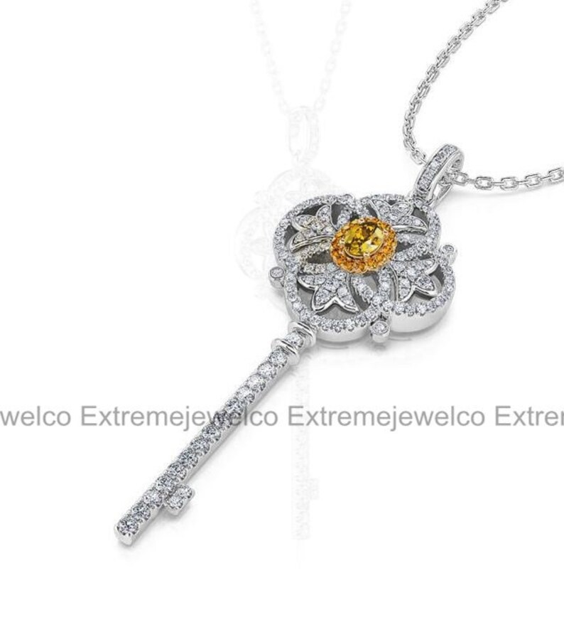 Key Necklace, Botanical Pendant, 14K White Gold, Pendant Without Chain, Wedding Diamond Necklace, Engagement Gifts, Custom Necklace image 5