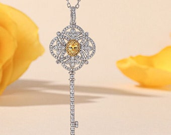 Collana chiave, Ciondolo botanico, Oro bianco 14K, Ciondolo senza catena, Collana di diamanti nuziali, Regali di fidanzamento, Collana personalizzata