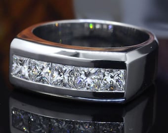 Anillo de hombre de cinco piedras, anillo de hombre con conjunto de canales, anillo de diamantes de talla princesa de 2,1 ct, anillo de compromiso para hombre, regalos personalizados, joyería para hombre