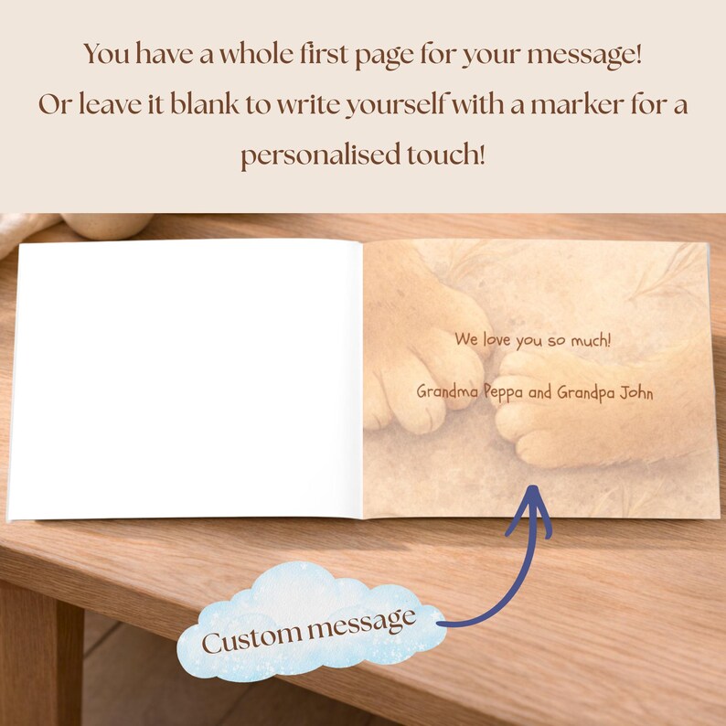 May include: An open book with a blank white left page and a right page featuring a light brown illustration of animal paws. The text on the right page reads: We love you so much! Grandma Peppa and Grandpa John. A blue arrow points to the page.