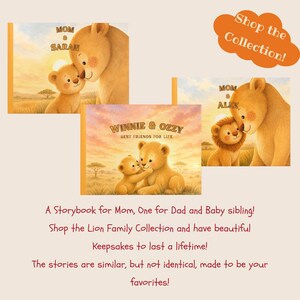 May include: Three illustrated storybooks featuring lion cubs and adult lions in a savanna setting at sunset. The covers display the text Mom & Sarah, Mom & Alex, and Winnie & Ozzy Best Friends For Life, with warm orange and yellow color tones.