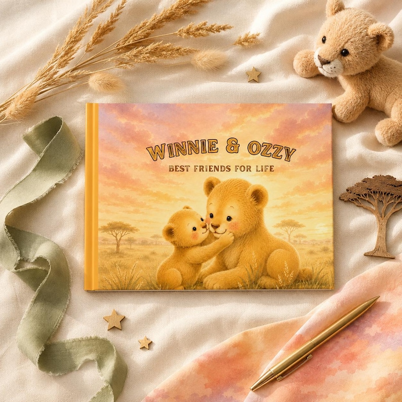 May include: A rectangular hardcover book with a sunset illustration of two lion cubs on the cover. The text reads WINNIE & OZZY BEST FRIENDS FOR LIFE. The cover features a warm orange and yellow sky over a grassy savanna landscape with trees.