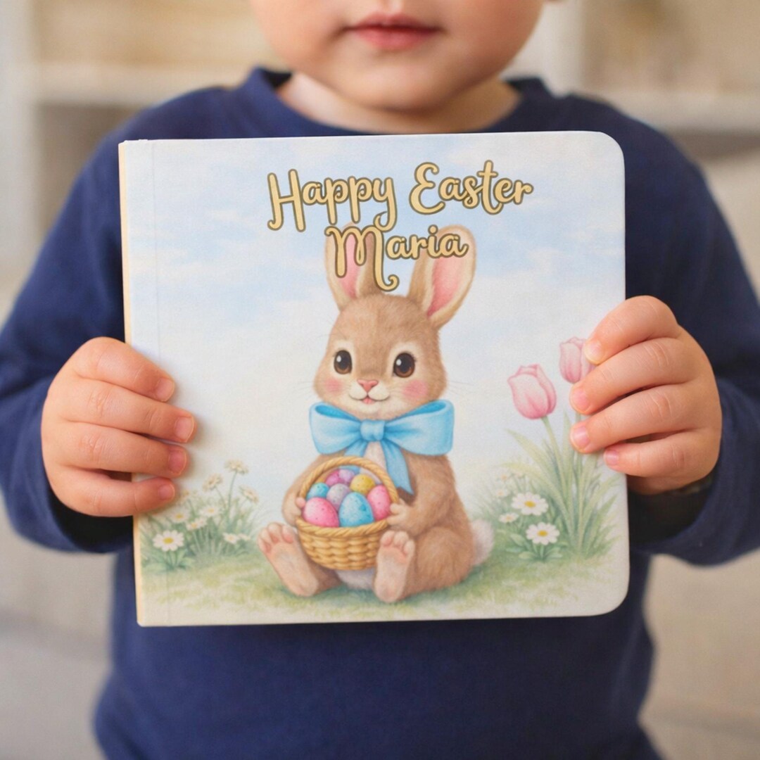 Easter Ribbit Book Custom Easter Bunny With Basket Board Book | Personalized Children's ...