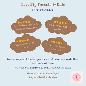 May include: A light blue graphic featuring the text Loved by Parents & Kids Our reviews. Four brown cloud shapes contain five-star ratings and customer reviews. Below, text reads We are so grateful when you love our books, we create them with so much love.