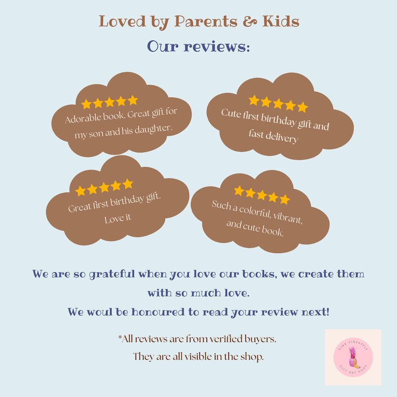 May include: A light blue graphic featuring the text Loved by Parents & Kids Our reviews. Four brown cloud shapes contain five-star ratings and customer reviews. Below, text reads We are so grateful when you love our books, we create them with so much love.