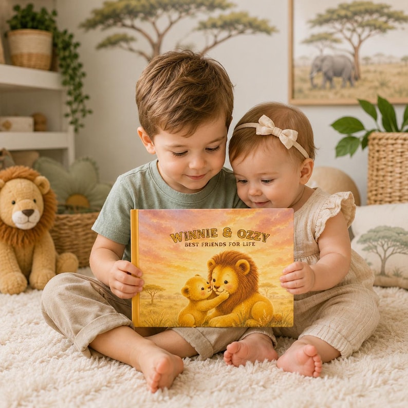 Personalized Lion Sibling Book, New Baby Gift for Big Sister or Brother, Custom Name Story Book, Baby Keepsake, Watercolor Children Book image 1