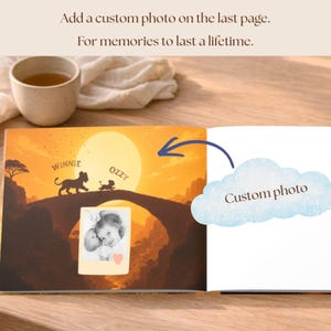 May include: A personalized storybook page featuring a sunset landscape with silhouettes of two lions and the names Winnie and Ozzy. A square photo of a child is displayed on the page, with a blue cloud graphic pointing to a blank space for a custom photo.