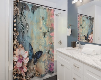 Unique floral, vintage, dreamy statement piece shower curtain - floral patterns, butterflies, vintage jewelry