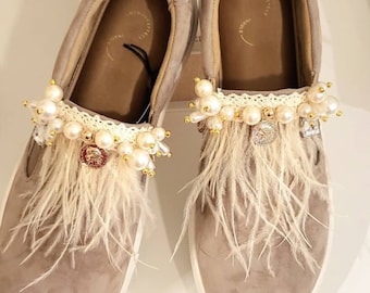 Women's leather slip-on shoes,feather mocasines,custom made boho style pearl shoes