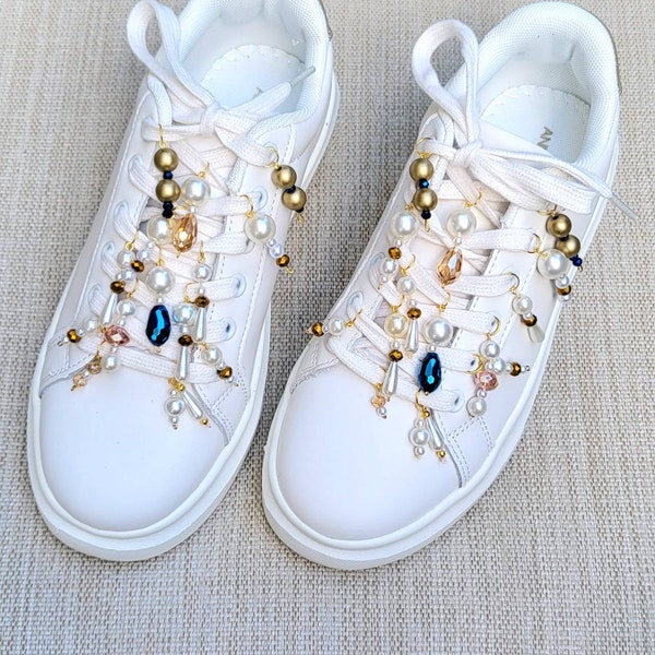 Women's white leather sneakers. Custom decorated shoes. Pearl leather slip on shoes