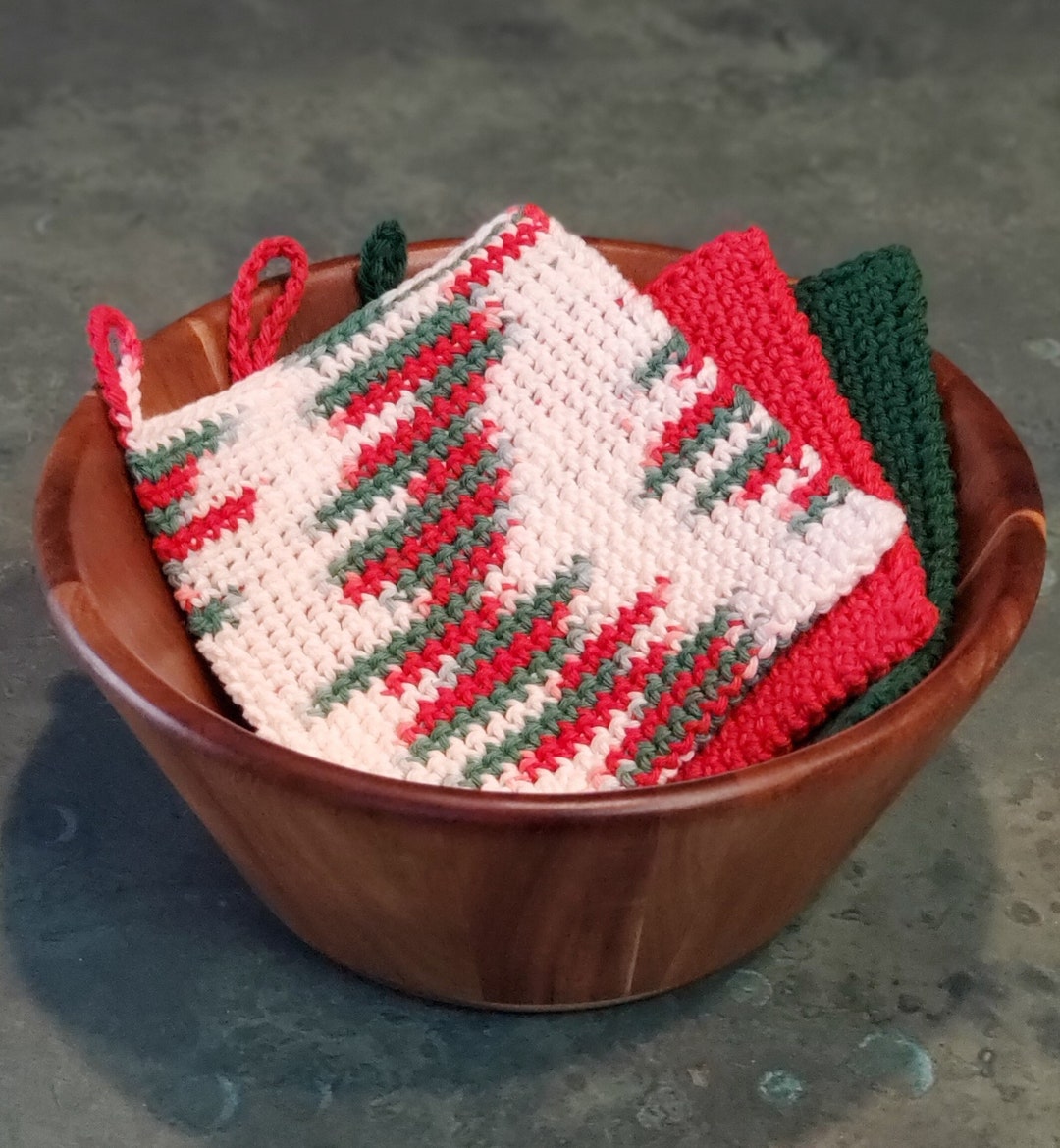 Set of 3 Handmade Crocheted Hot Pads Pot Holders Christmas Colors