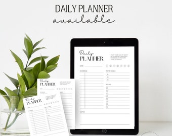 Puede incluir: Un planificador diario imprimible en blanco y negro con el texto "Daily Planner" en la parte superior. El planificador incluye secciones para la fecha, el horario, los 3 objetivos principales y las notas.