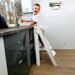 Handmade Montessori Kitchen Helper Tower Kids Classic Compact design safe materials adjustable height Enhance their kitchen skills White