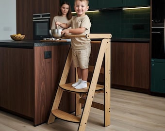 Składana, regulowana wieża edukacyjna dla maluchów – drewniany stołek Montessori, kompaktowa konstrukcja