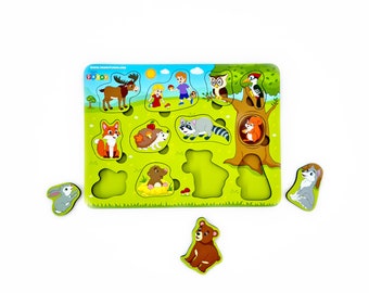 Puzzle en bois pour enfants, jouet stimulant, puzzle pour tout-petits, jouet éducatif avec des animaux de la forêt