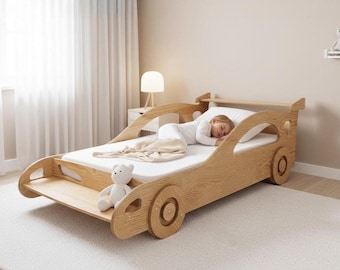 Racing Car Bed for Kids – Adjustable Design with Slatted Base and Shelf Spoiler
