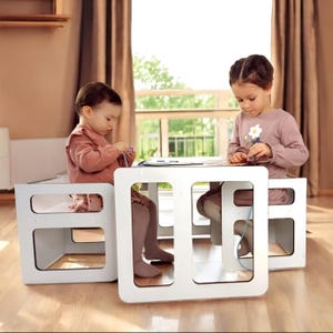Set tavolo e sedia a cubo Montessori – Mobili per attività in legno per bambini piccoli – Tavolo con sedia e panca reversibili