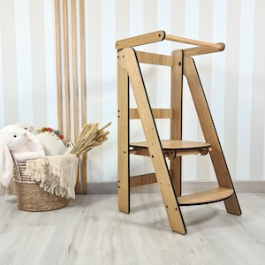 Handmade Montessori Kitchen Helper Tower Kids Classic Compact design safe materials adjustable height Enhance their kitchen skills Wood