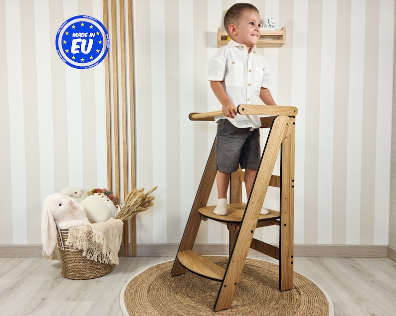 Handmade Montessori Kitchen Helper Tower Kids Classic Compact design safe materials adjustable height Enhance their kitchen skills image 1