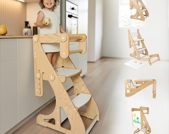 4-in-1 Adjustable Learning Tower for Toddlers – Wooden Standing Stool, Table, Chair & Drawing Board