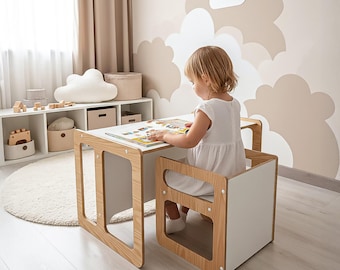 Conjunto Montessori mesa y silla de cubo – Muebles de madera para actividades y aprendizaje – Banco y silla reversibles