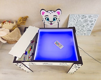 Montessori Furniture for Child Development | Table and Chair Snow Leopard | Wooden Activity Table - Ideal Kids Furniture for Birthdays