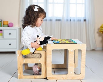 Table et chaise Montessori en cube – Meuble pour enfant en bois – Ensemble compact et évolutif dès 2 ans