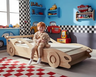 Cama Coche Infantil | Cama Auto para Niños 190x90 | Cama Montessori con Estante Spoiler | Cama de Madera Natural