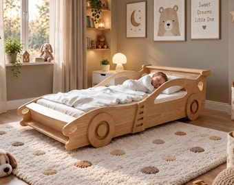 Raceautobed voor kinderen 190 x 90 | Houten autobed met plank | Frame peuterbed | Dennenhouten kinderbed | Op Montessori geïnspireerde kindermeubels