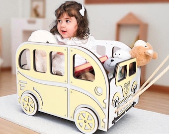 Car-Shaped Wooden Toy Chest with Wheels – Kids Storage Box & Play Furniture