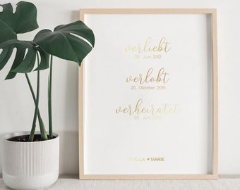 Metallic poster "In Love, Engaged, Married" | Gold poster | Family poster | Personalized poster | Wall decoration
