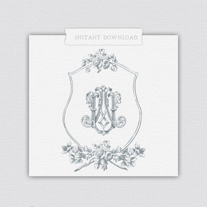 UA Digital Wedding Crests, UA Digital Monogram, Vintage Wedding Crests, Digital Wedding Logo, AU Monogram Crests