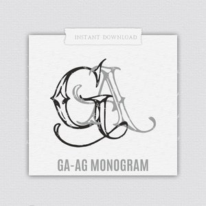May include: A black and white monogram design featuring the letters "GA" intertwined. The letters are in a stylised, decorative font. The text "GA-AG MONOGAM" is below the monogram.