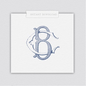 May include: A blue monogram with the letters "B" and "C" intertwined in a decorative, vintage style. The letters are stylized with a flourish and have a textured, engraved look.